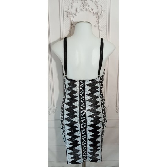 Geometric Deep Plunge V-Neck Sheer Split Bodycon Sequin Party Club Dress Sz M - Picture 6 of 9